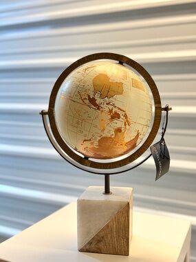 Drexel Heritage Beige World Globe 16" Wood Marble Base Table Decor Earth Tones